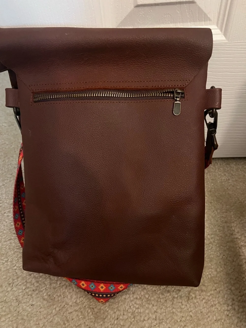 Burgundy Crossbody Messenger Bag with Patterned Strap - Picture 4 of 6